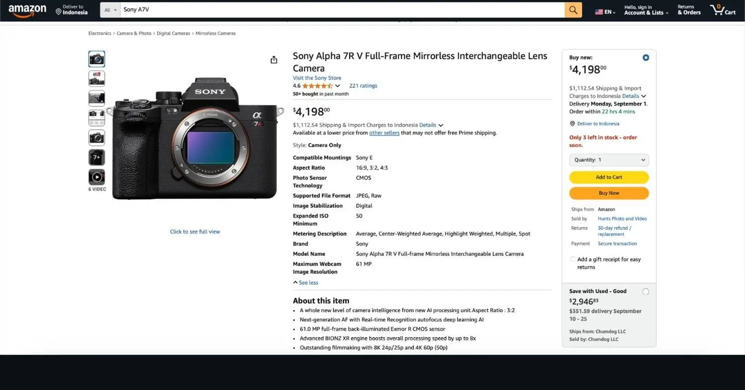 Harga dan Spesifikasi Kamera Sony A7V Bocor di Amazon